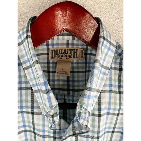 Duluth Trading Co. Large Trim Fit Blue Check Long Sleeve Button Up 100% Cotton - Picture 2 of 8